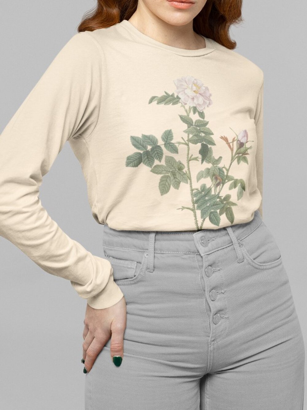 Rose Vintage Floral Print Long Sleeve Graphic Tee T-shirt S-XXL
